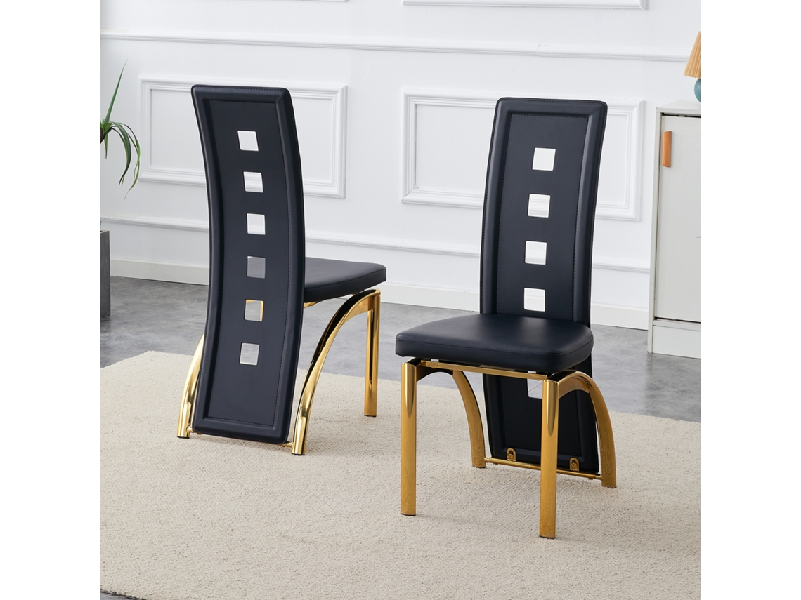 Juego De 2 Sillas De Comedor Europeas, De Poliuretano Perforado, En Negro Y Dorado.