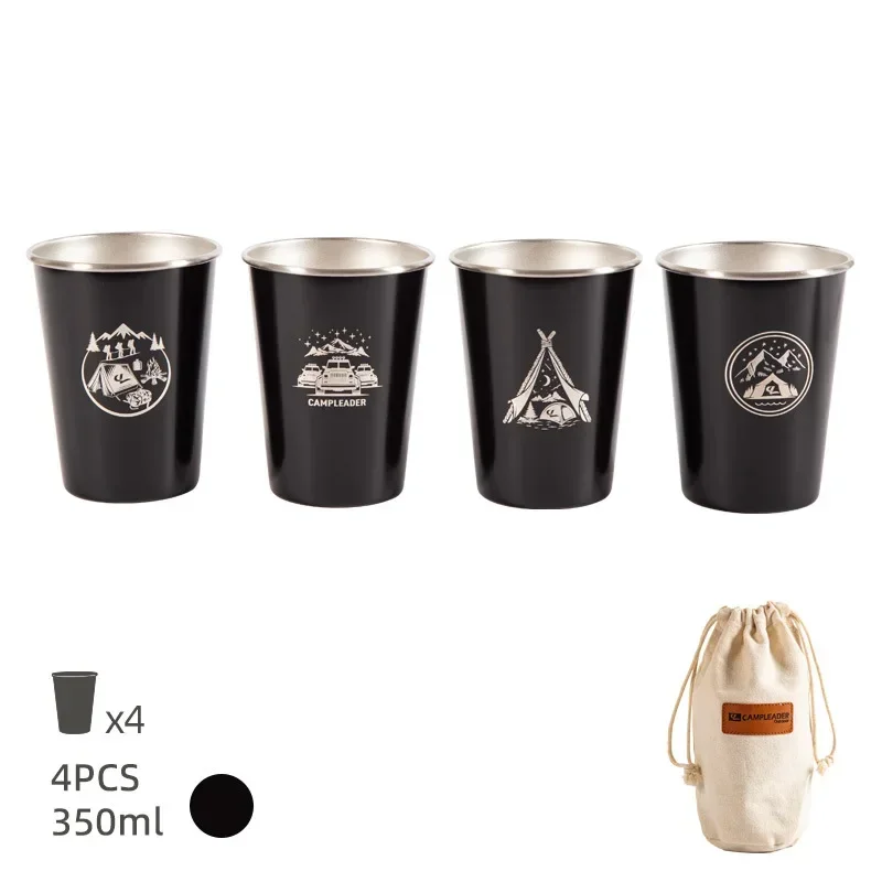 Taza De Acero Inoxidable 304 Para Camping Al Aire Libre (350 Ml, Negra) Con Bolsa De Almacenamiento.