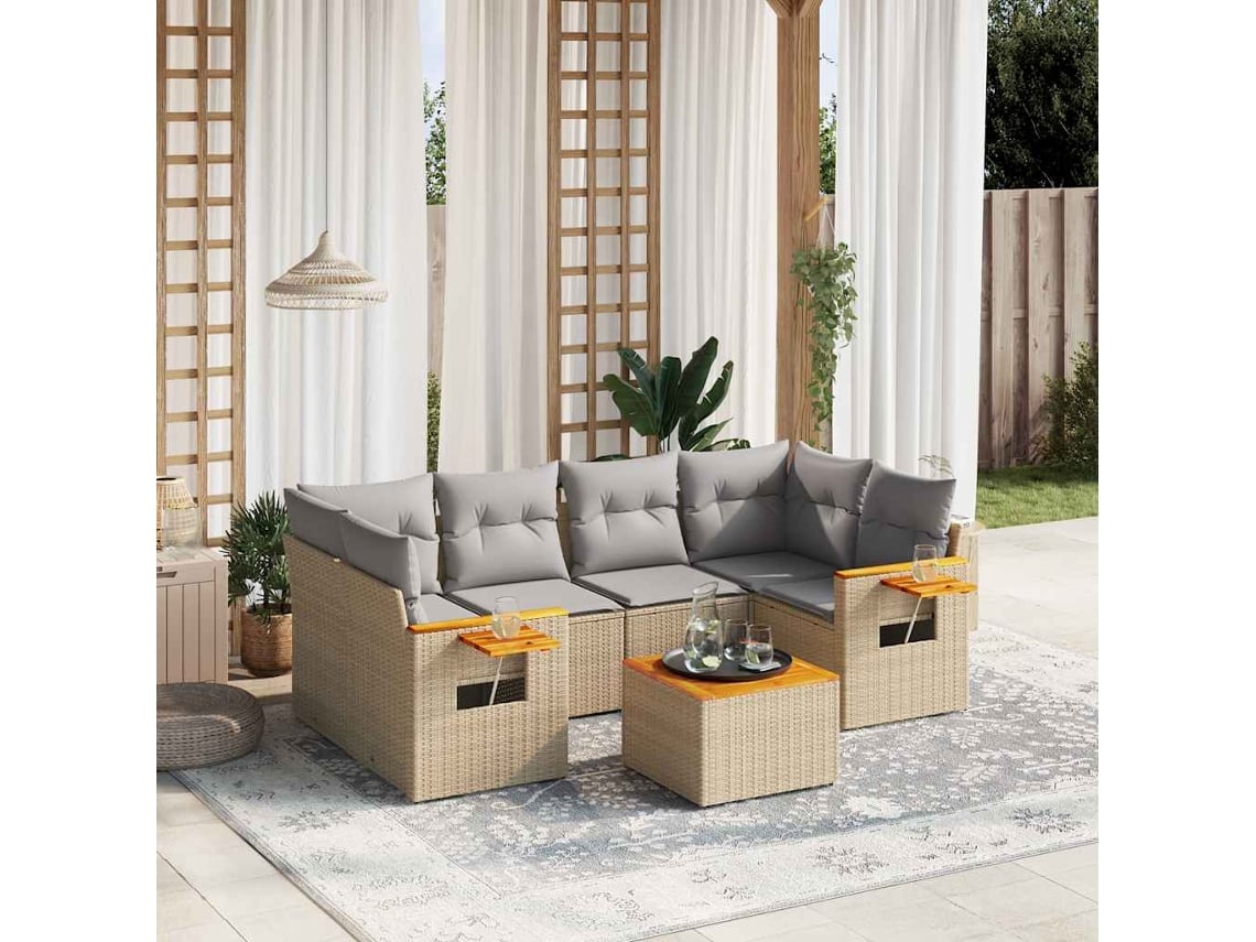 Conjunto de 7 sofás de jardín con cojines de mimbre beige de Dkd Home Decor