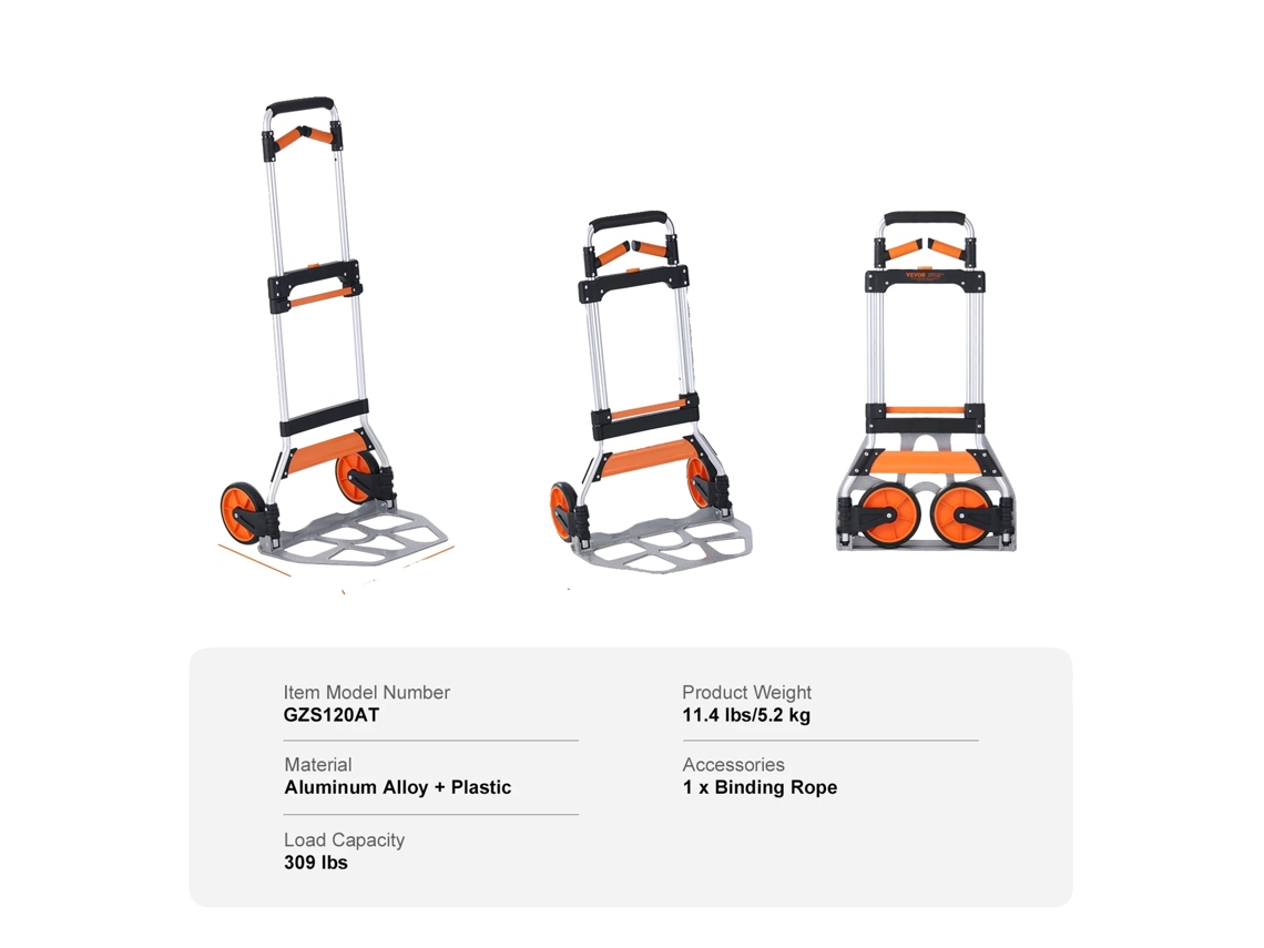 Carretilla plegable, mango ajustable, alta capacidad de carga, 140 kg (309 lbs)