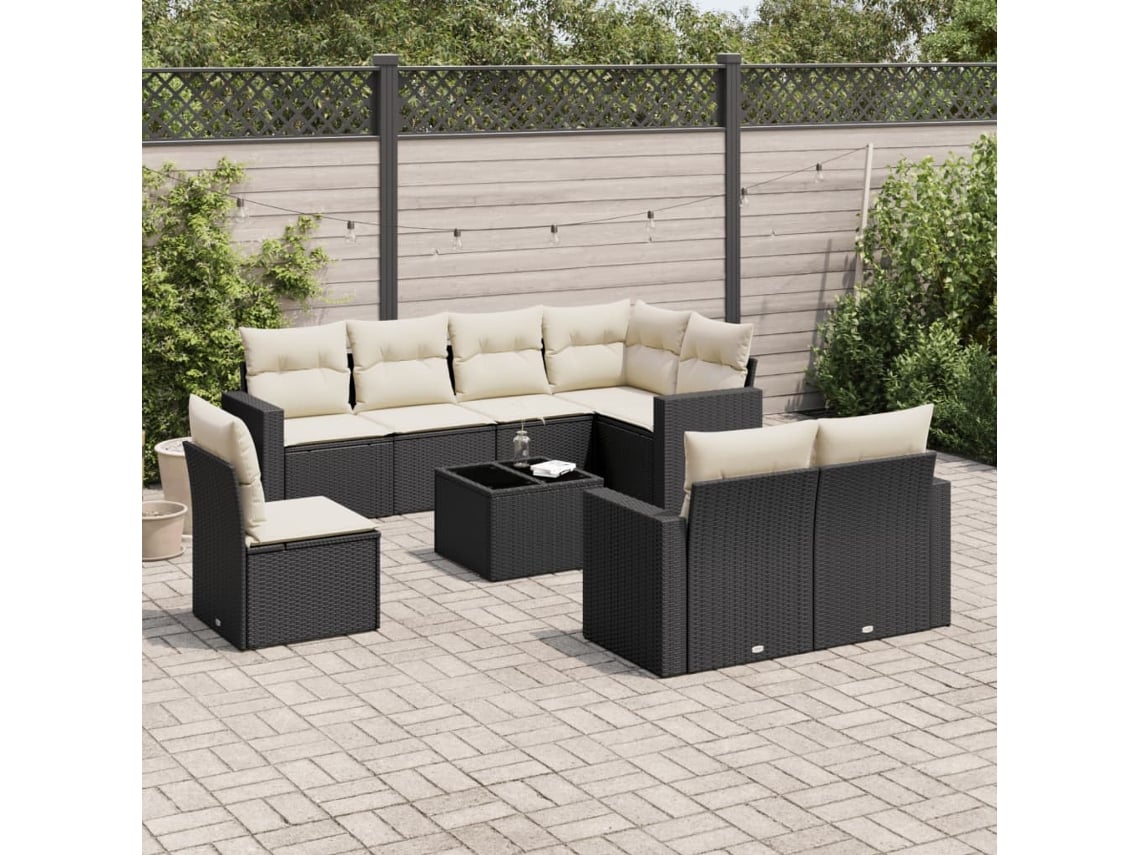 Conjunto de sofá de jardín de 9 piezas con cojines, ratán negro, Dkd Home Decor