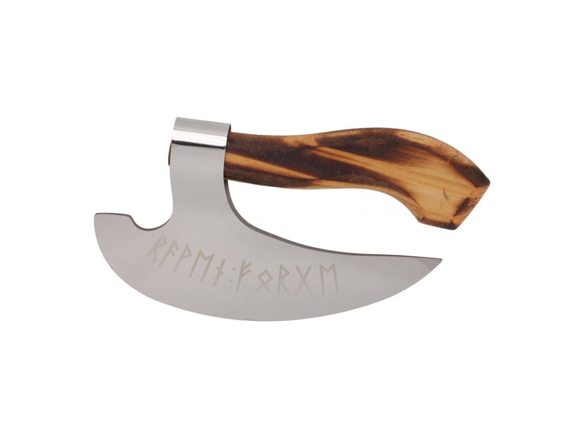 Hacha de pizza vikinga de acero inoxidable con cesta de madera
