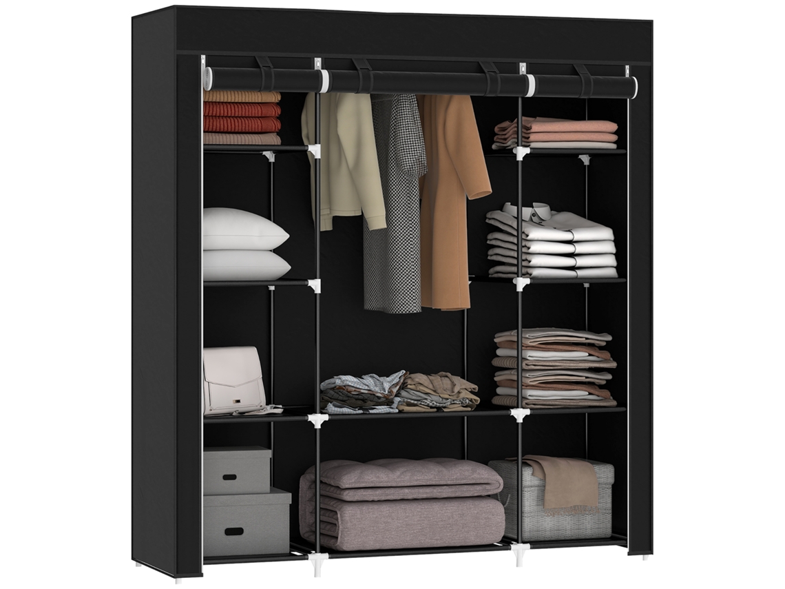 Armario Plegable De Tela Con Barra Para Colgar Ropa Y Estantes, 150 X 43 X 162,5 Cm, Negro.