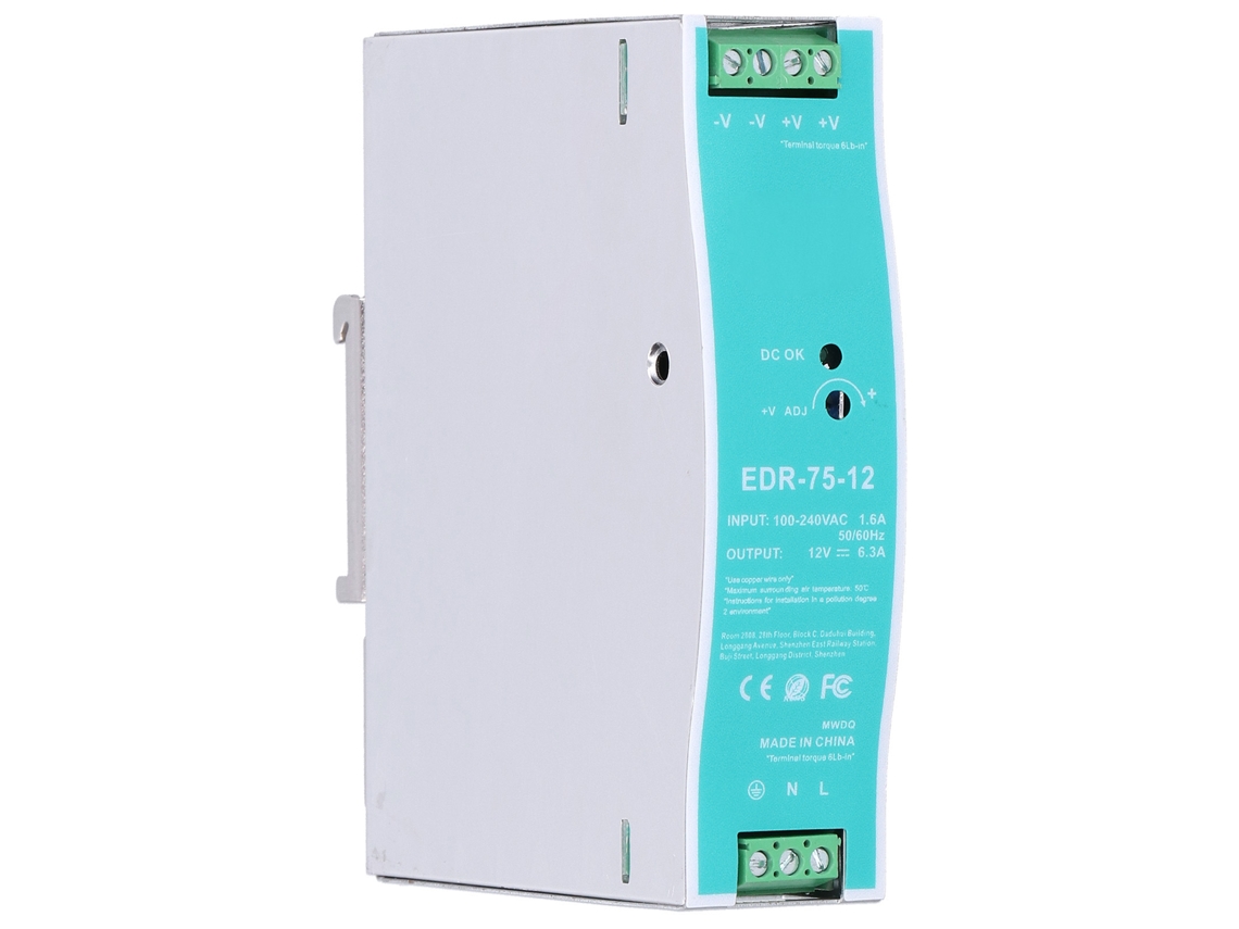 Fuente De Alimentación Industrial Para Riel Edr-75-12 De 12 V, 6,3 A Y 75,6 W, Estable, Ca 100-240 V.