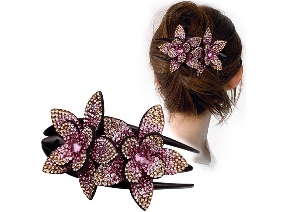 Pinza Para El Cabello Con Dos Flores Brillantes De Pedrería, Ideal Para Fiestas Y Uso Diario.