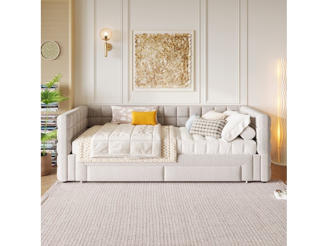 Daybett 90x200cm - Sofá Cama Con Respaldo Cuadrado, Cama Extensible (hasta 180 Tamaño Queen), 2 Cajones - Beige