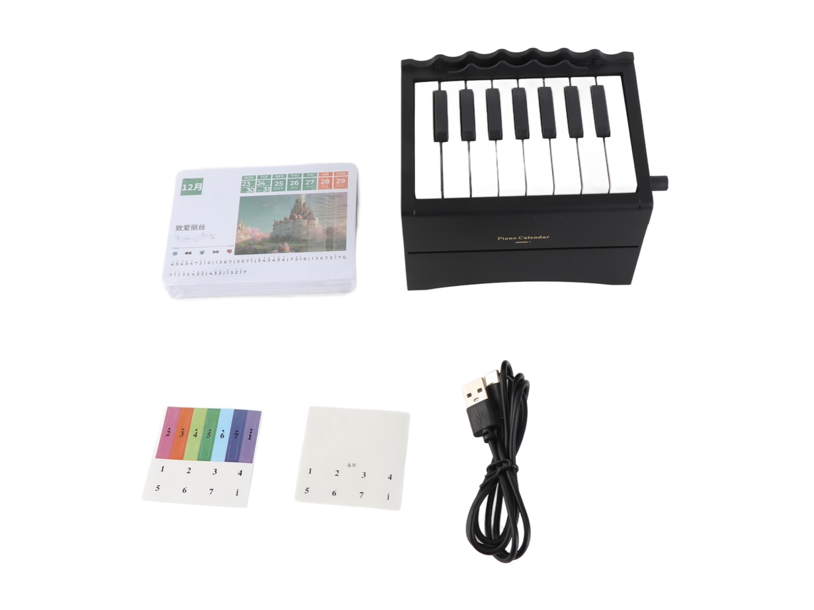 Piano de mesa con calendario, mínimo 15 teclas, decorativo y multifuncional.