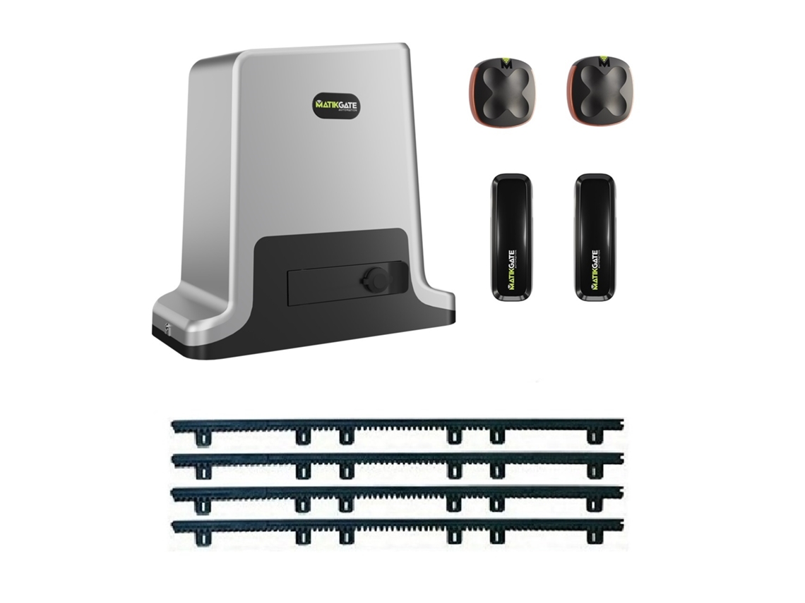 Kit Motor para Portón Corredizo Matikagte Race 500 de 500kg con Central, Fotocélula, 2 Mandos y 4 Metros de Cremallera de Nylon Matikgate