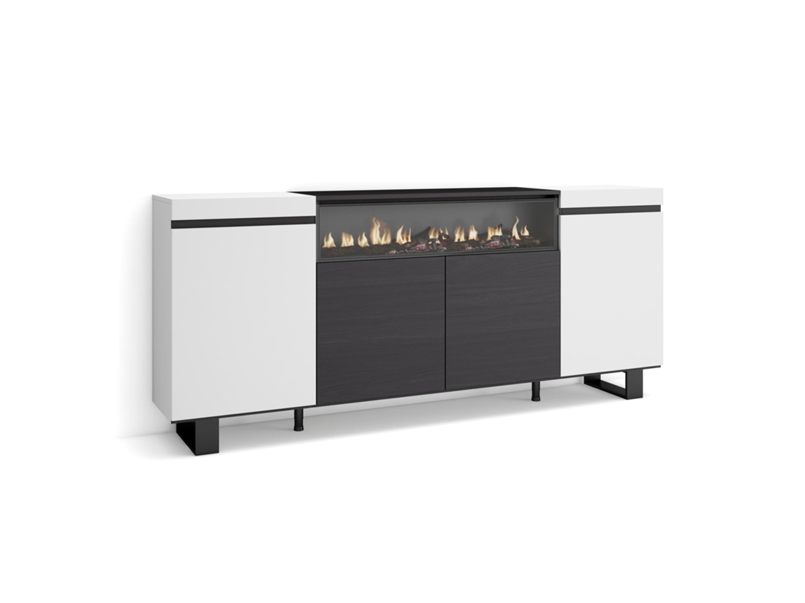 Aparadores para salón, 200x87x35cm, 4 Puertas, Chimenea eléctrica, Diseño industrial, Blanco y negro