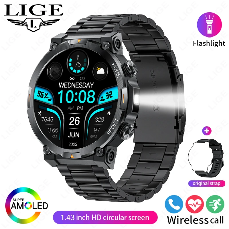 Reloj Inteligente (negro, Correa De Acero), Pantalla Amoled De 1,43 Pulgadas, Monitorización De La Salud, Linterna Led, Llamadas Bluetooth.