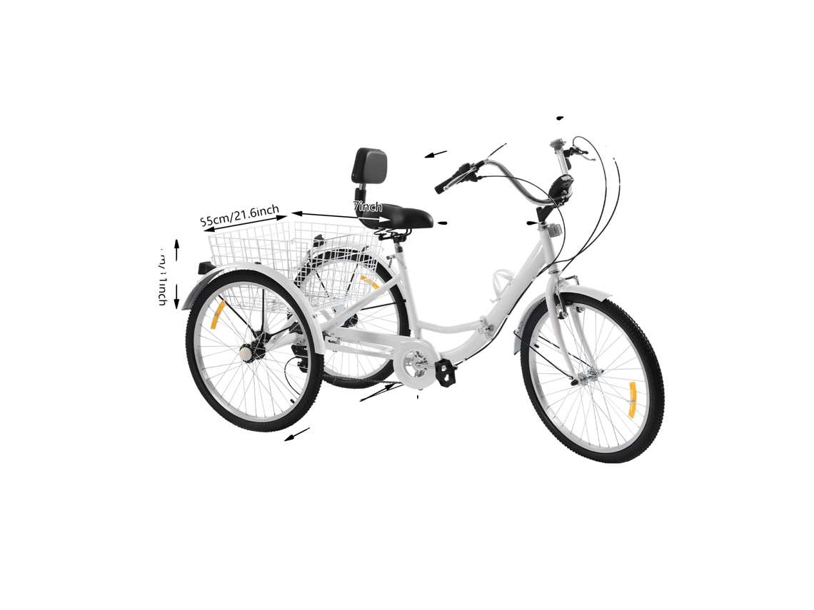 Triciclo para adultos de 24 pulgadas, altura del asiento ajustable, transmisión de 7 velocidades, OEM blanco