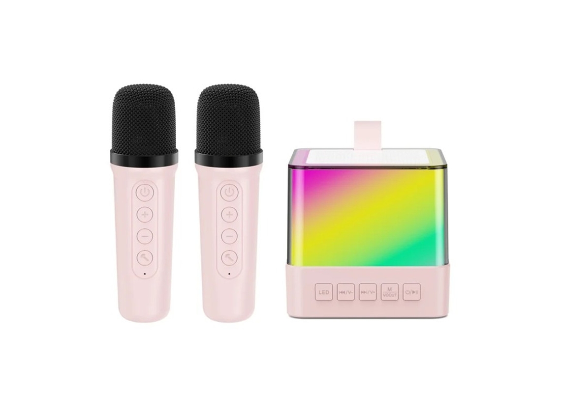 Mini máquina de karaoke portátil Yizhood con altavoz Bluetooth de alta potencia, micrófono dual y luz ambiental LED (rosa)
