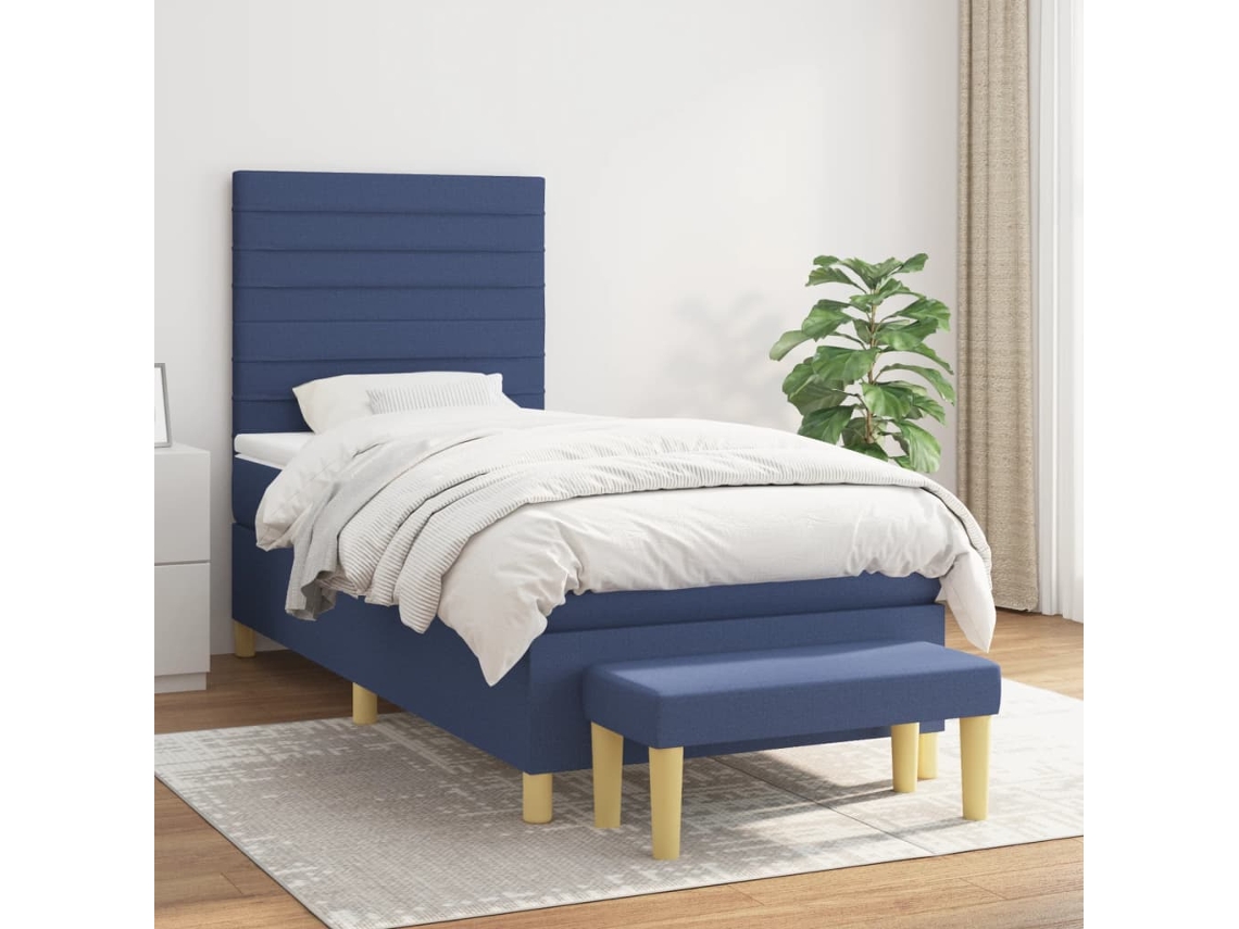 Cama Box Spring Con Colchón Tela Azul 80x200 Cm