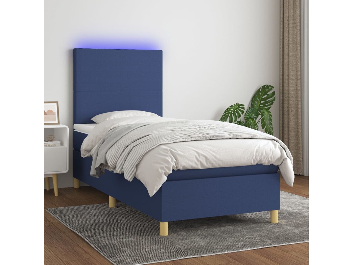 Cama Box Spring Colchón Y Luces Led Tela Azul 90x200 Cm