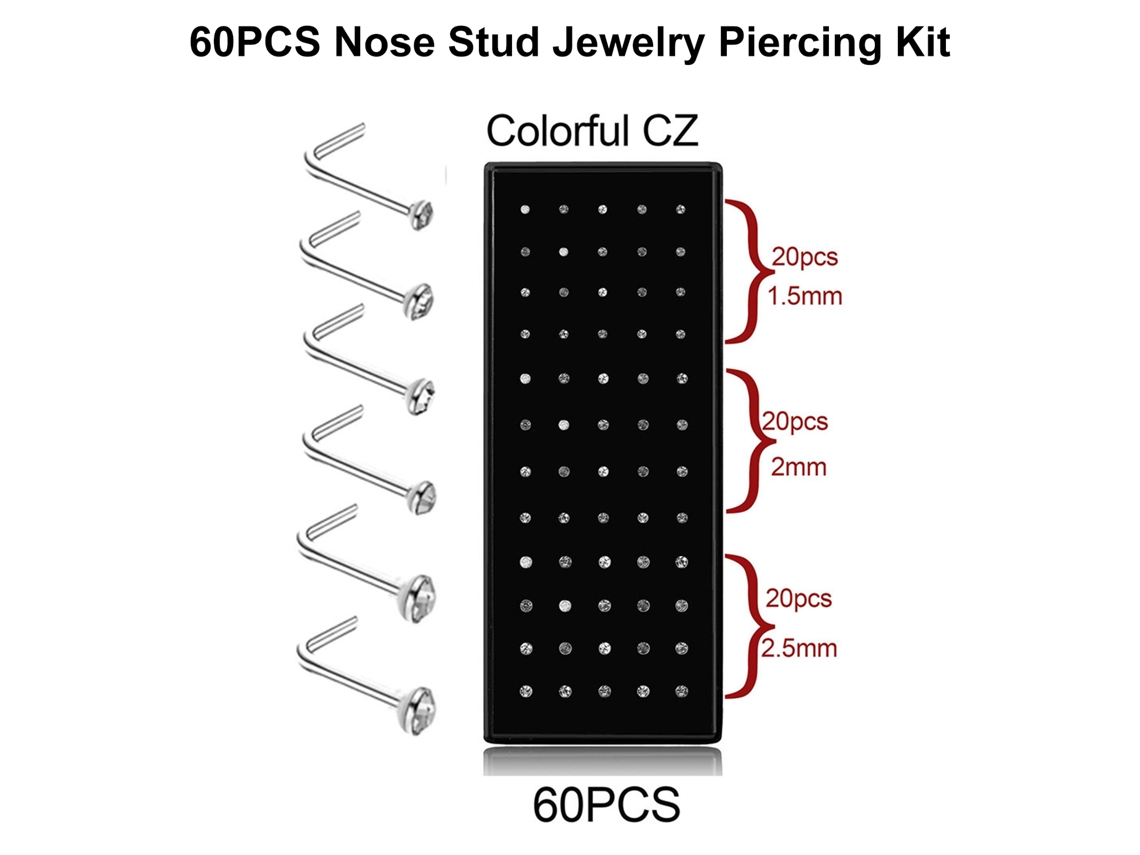 Kit De 60 Piezas De Acero Inoxidable Para Perforaciones Corporales: Anillos Para Nariz, Labios Y Lengua - Plata Excelente