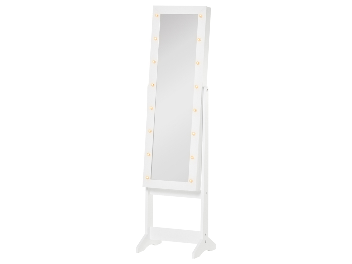 Espejo de pie organizador de joyas con 16 luces LED, ángulo ajustable, 36x30x136 cm, blanco cálido.