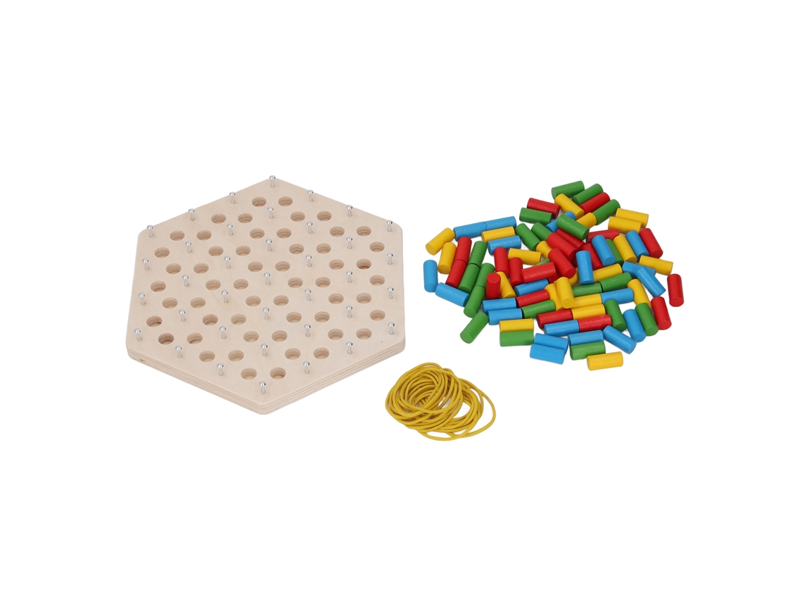 Juego de rompecabezas educativo con tablero de madera y banda elástica para el aprendizaje temprano.