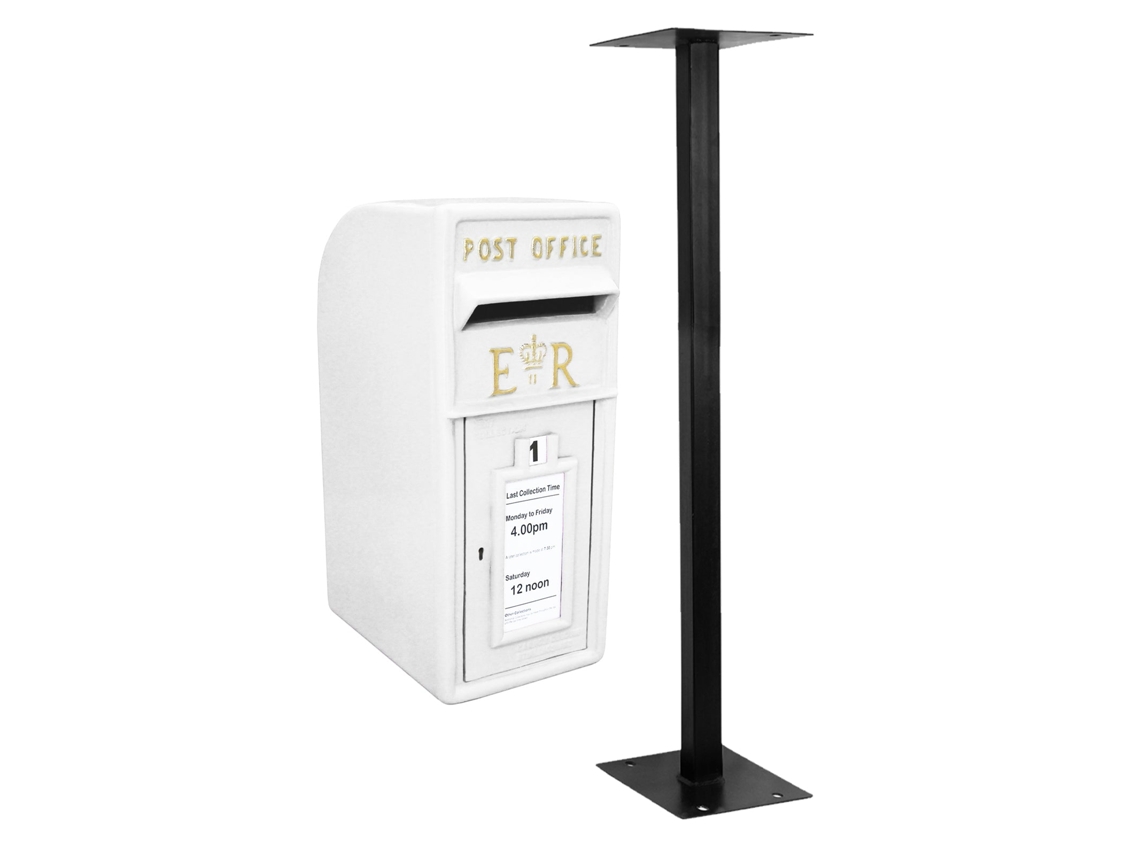 Buzón blanco Royal Mail Metabox con soporte de suelo de hierro fundido y soporte de pared