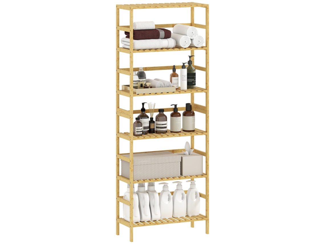 Estantería De Bambú De 6 Niveles Con Estantes Ajustables, 60x26x161 Cm, Madera Natural.