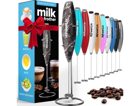 POWERLIX Espumador de Leche Eléctrico de Mano Batidora Leche Espuma Con Soporte de Acero Inoxidable 15-20S Potente 19000 Rpm Batidor para Café