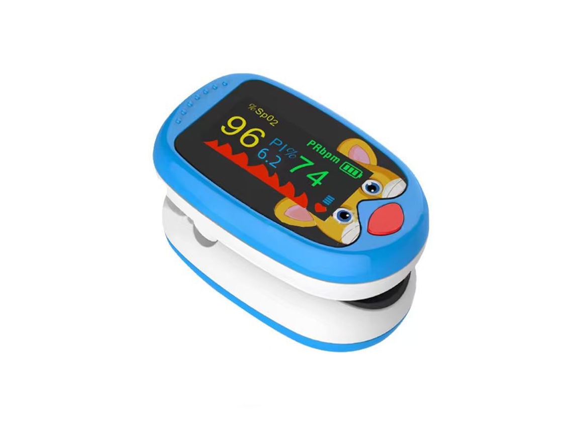 Oxímetro de pulso azul para niños, monitor de SpO₂ y frecuencia cardíaca, portátil y divertido para niños.