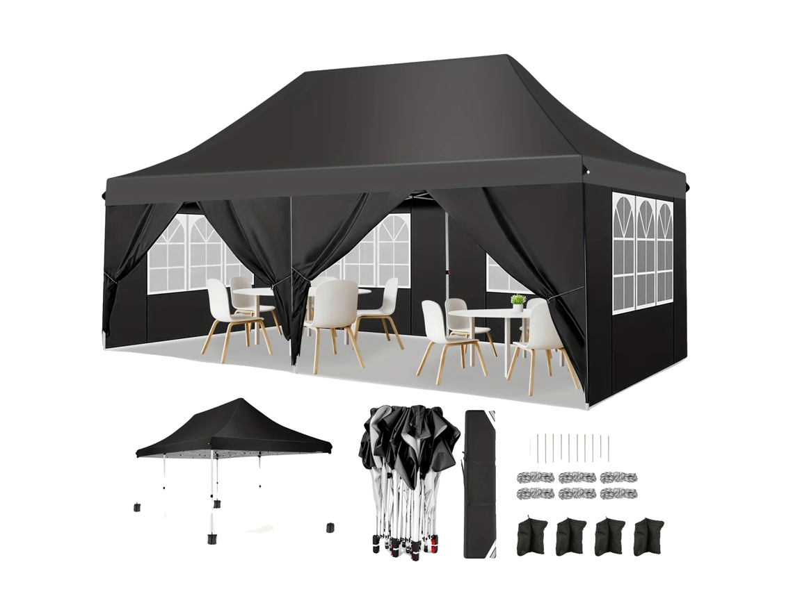 Cenador plegable, tejido impermeable, altura regulable, color negro.