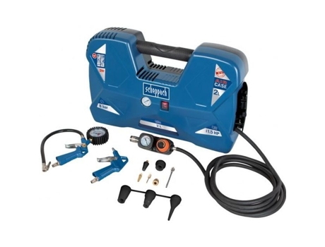 Compressor portátil Scheppach AIR CASE - 2L- 1100 W - 8 bar (Fornecido com 12 acessórios, uma pistola de ar, um punho de enchimento)