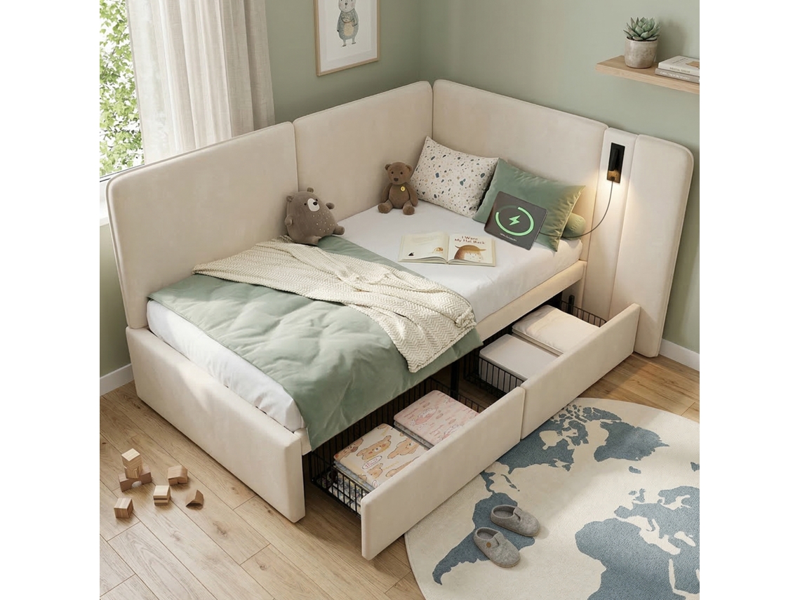 Cama De Día 90x200 Cm - 2 Cajones, Tapizada, Sofá Cama Con Usb Y Lámpara De Lectura - Beige