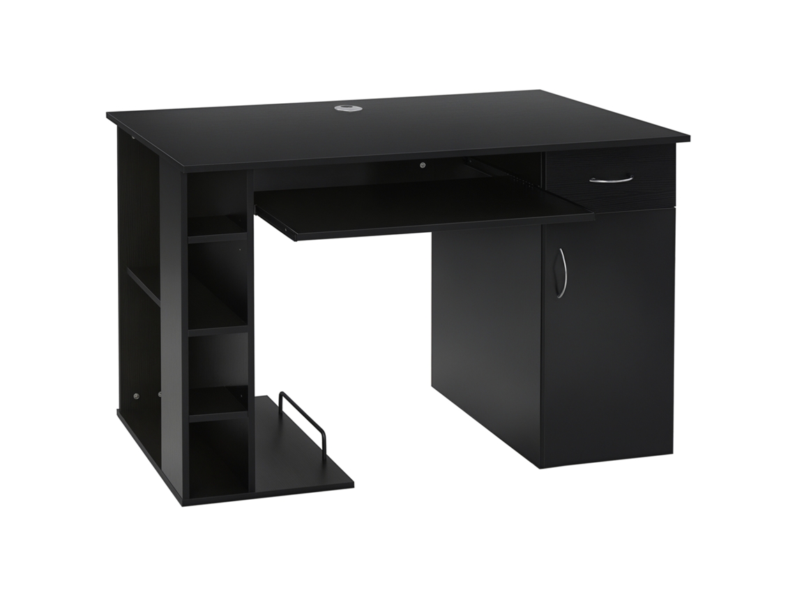 Escritorio Para Ordenador Multimedia Con Almacenamiento, Estante, Cajón Y Bandeja Para Teclado, Mdf, 120x60x74 Cm, Negro