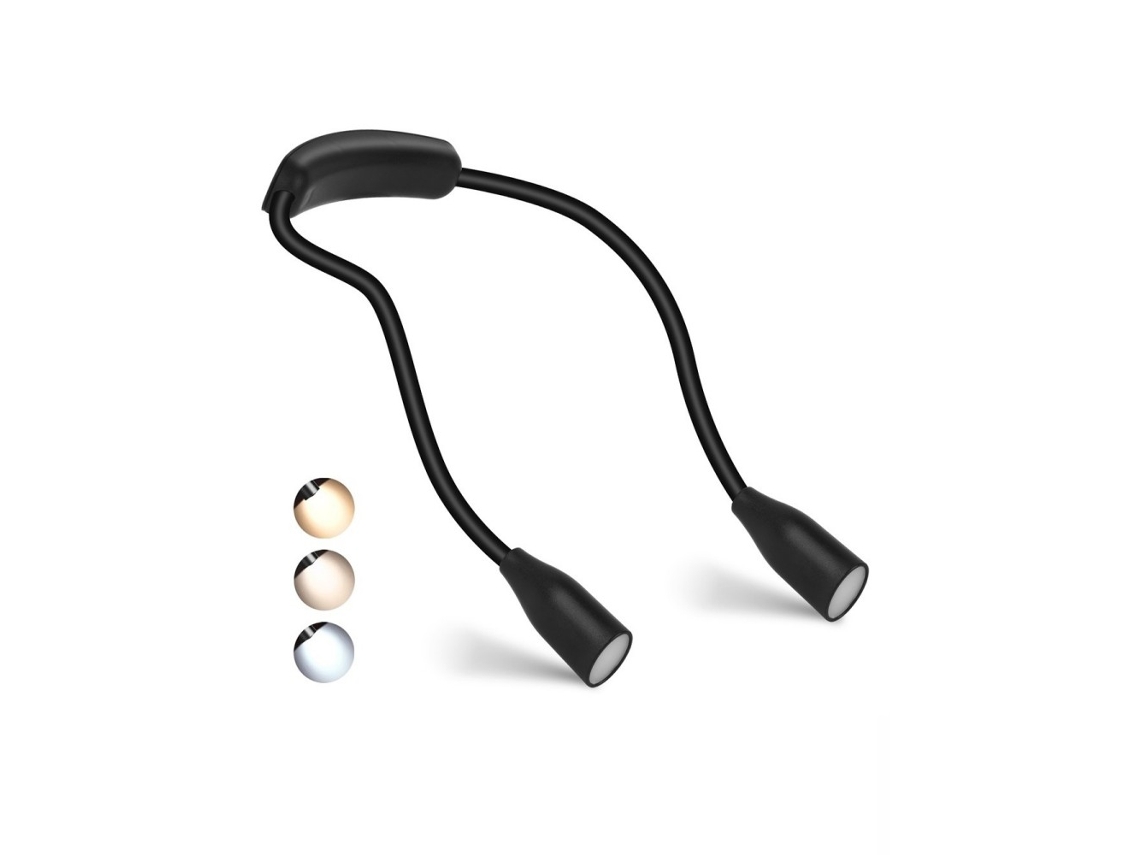 Lámpara de lectura LED, brazo flexible de 360°, luz nocturna recargable vía USB, batería de litio integrada MDUG (negra)