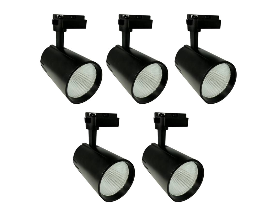 5x Foco Techo Led Carril 30W, Blanco Neutro 4200K, 3000 Lúmenes, 185V-265V AC Monofásico, Aluminio Color Negro JANDEI