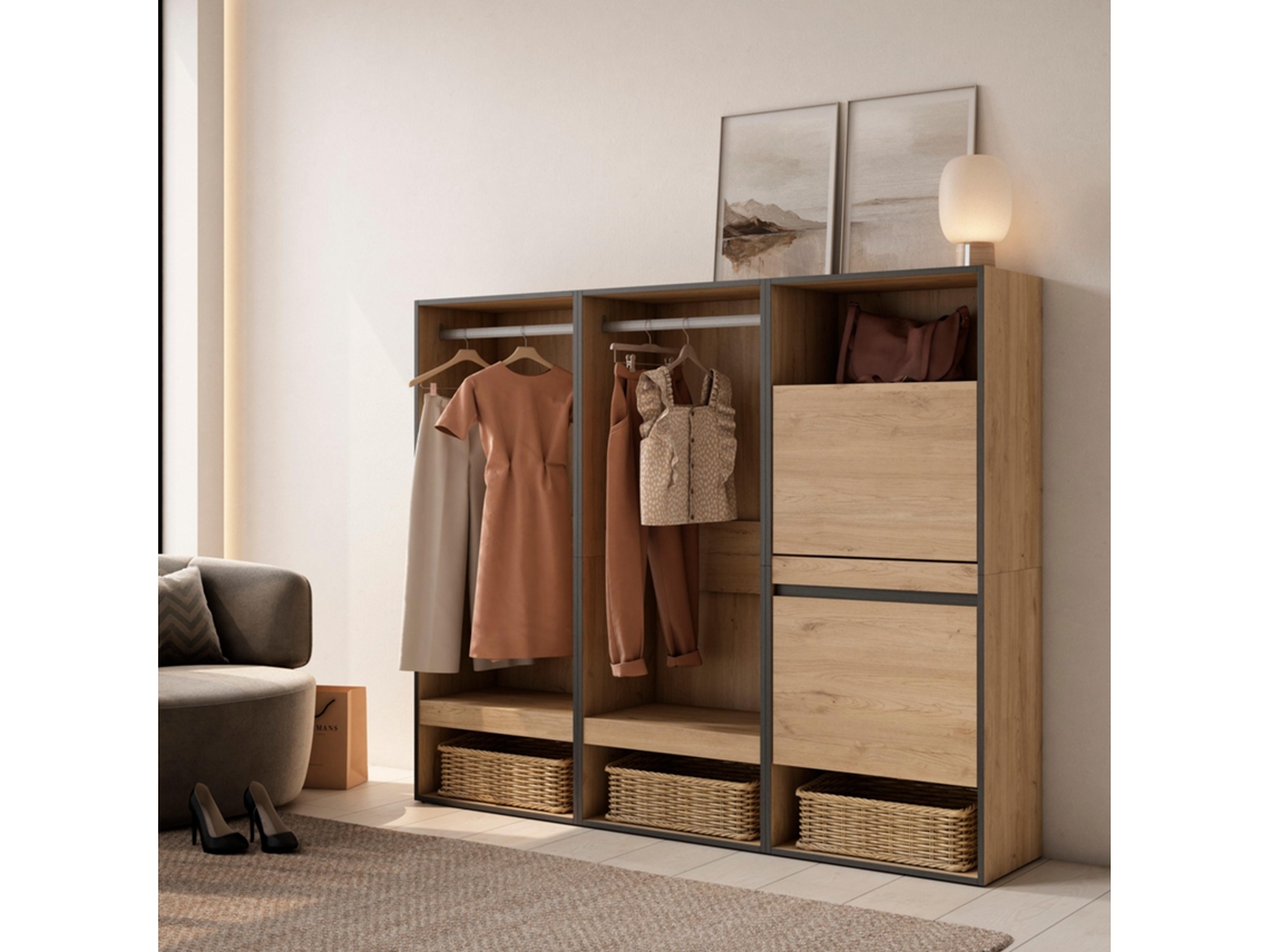 Vestidor abierto, 180x145x35 cm, Dormitorio, habitación, Zapatero, Roble SKRAUT HOME