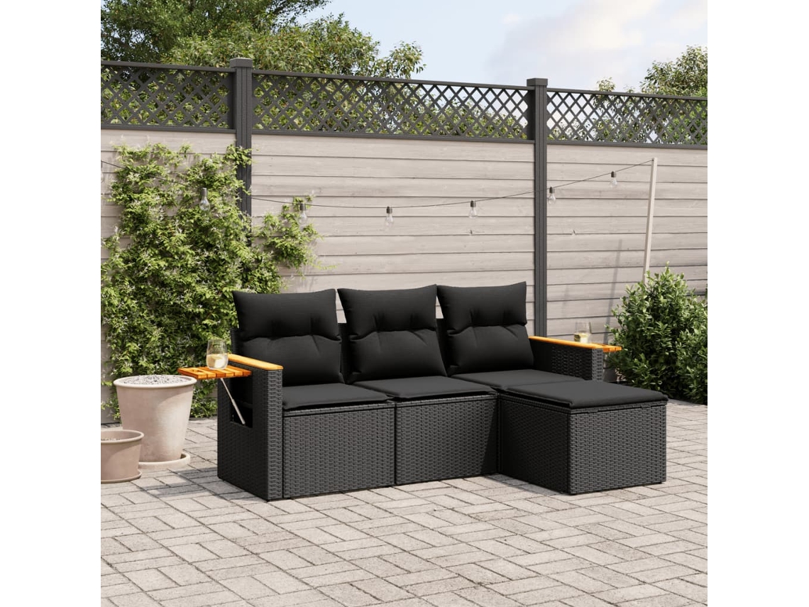 Conjunto de sofá de jardín de 4 piezas con cojines, mimbre sintético negro, Dkd Home Decor