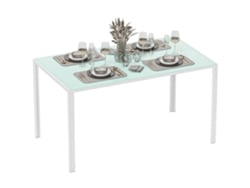Mesa de comedor rectangular de cristal para 6 personas, patas de metal, blanca, 140x80x75