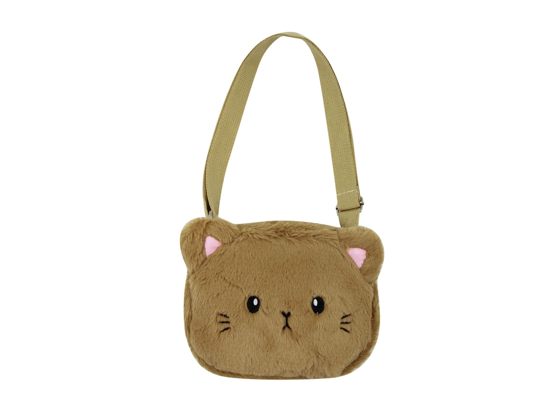 Bolso bandolera de felpa con estampado de gato - Bolso cruzado infantil de poliéster - Marrón