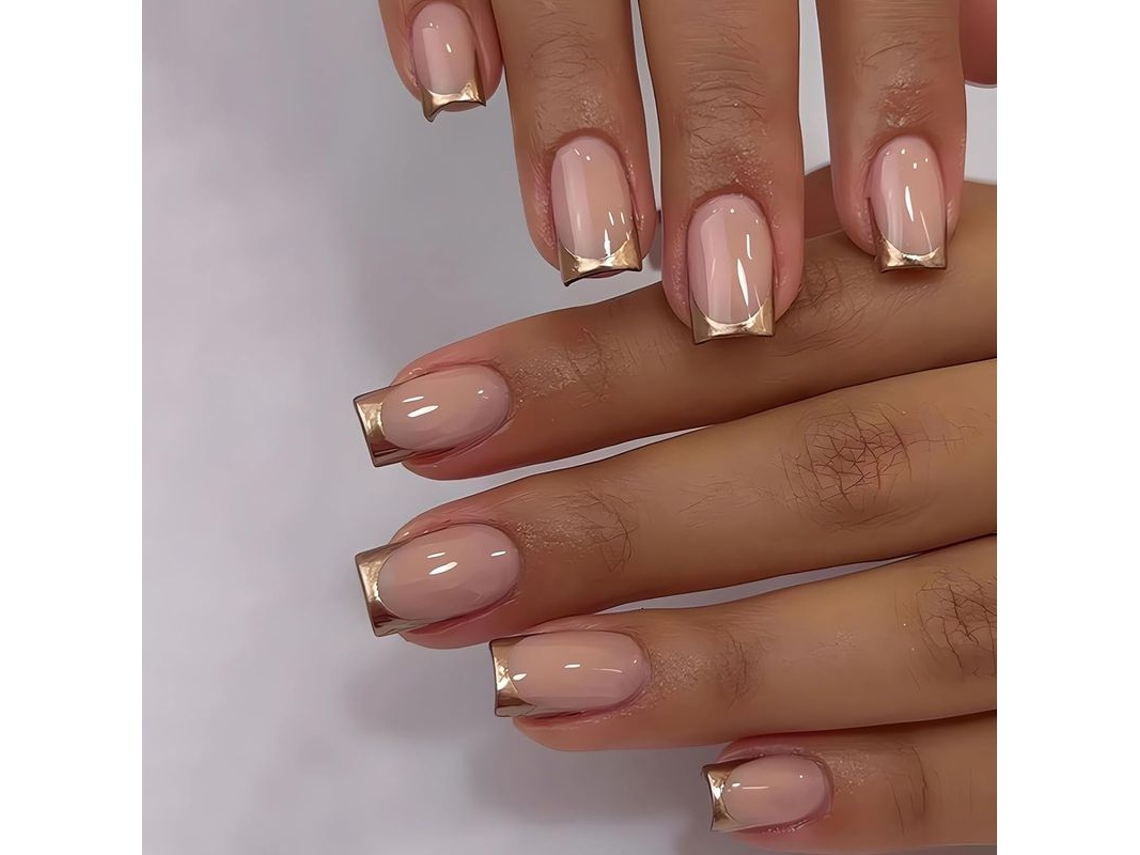 Uñas Postizas Cuadradas Doradas Con Punta Francesa, Con Pegamento Y Cobertura Total Para Manicura.