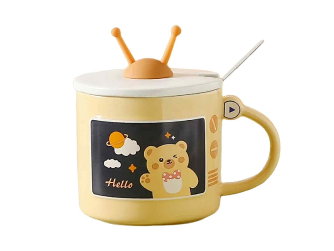 Taza con forma de TV, 350 ml, con tapa y cuchara, Taza de cerámica creativa NEVEANCE