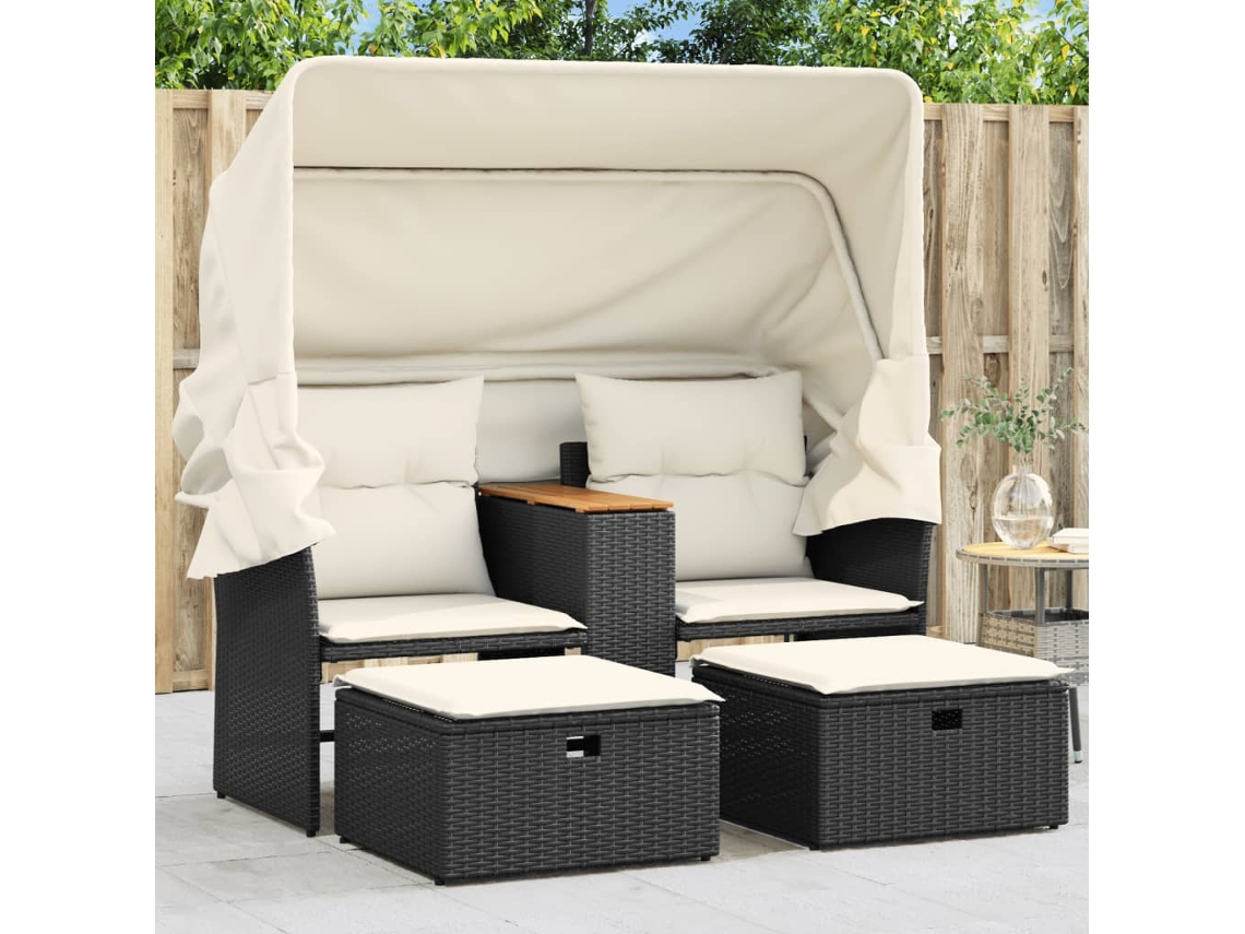 Sofá de jardín de 2 plazas con toldo y bancos en mimbre negro PE Dkd Home Decor