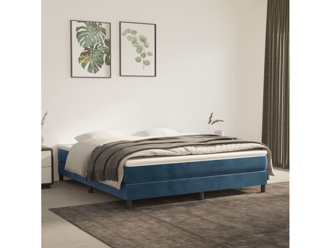 Cama Box Spring Con Colchón Terciopelo Azul Oscuro 180x200 Cm