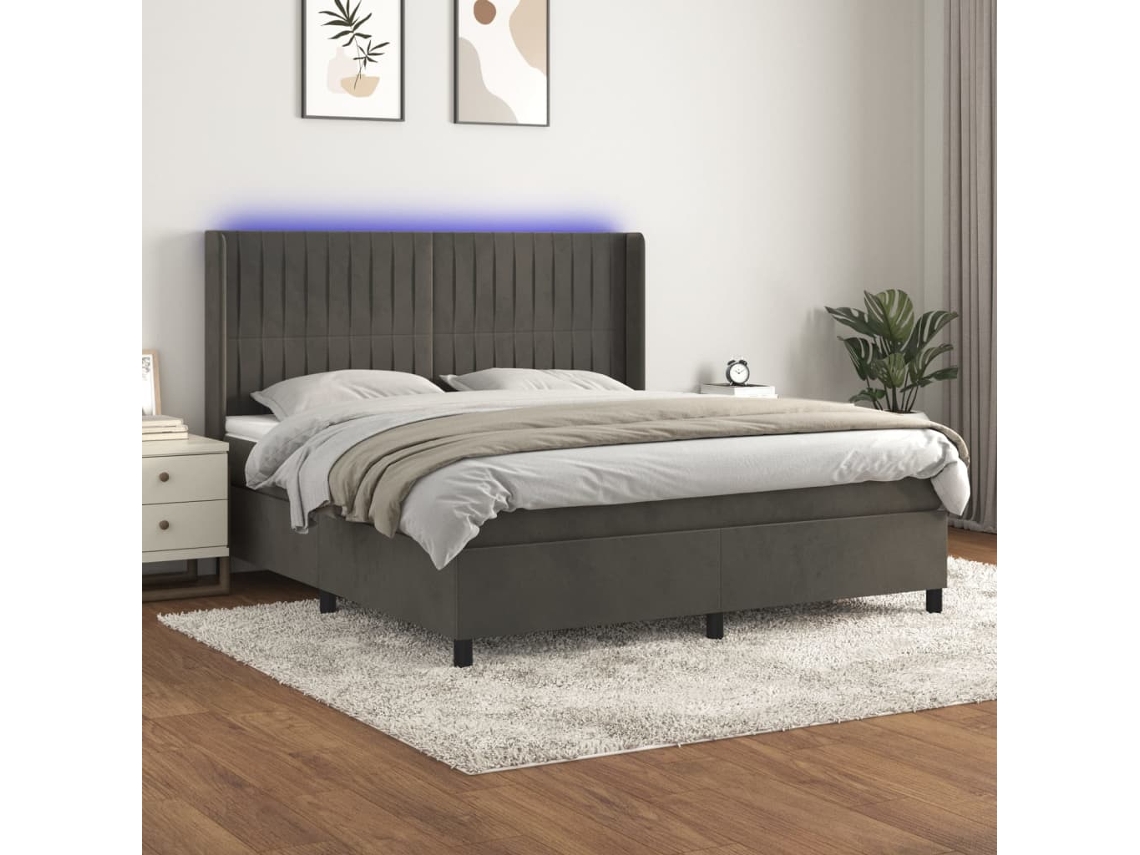 Cama Box Spring Colchón Y Led Terciopelo Gris Oscuro 180x200 Cm