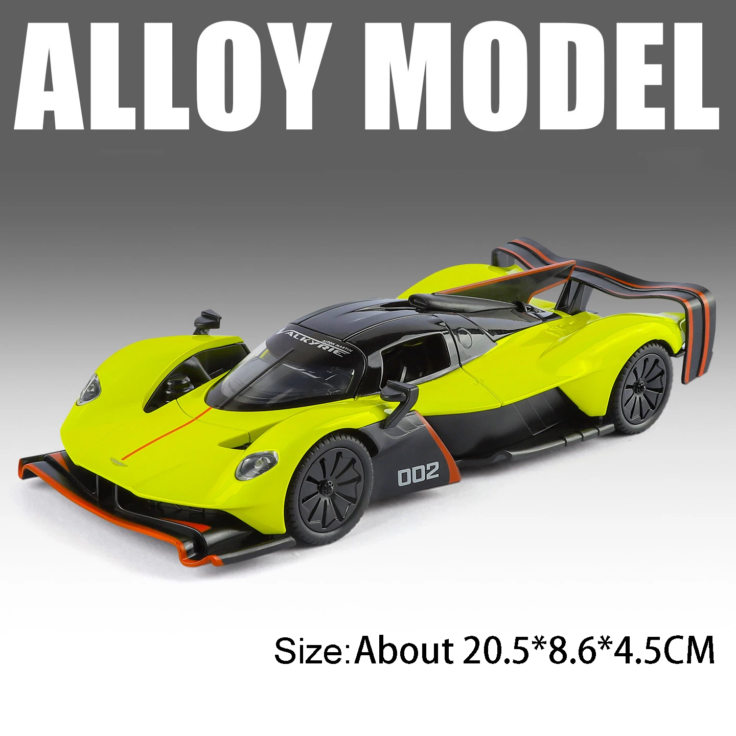 (Valkyrie Yellow) Coche deportivo en miniatura a escala 1:24, fabricado en aleación de metal, con puertas que se abren y efectos de sonido y luz.
