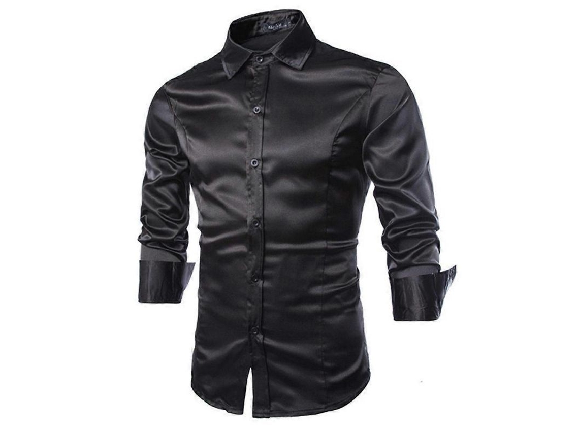 Camisa De Seda Brillante Para Hombre De Lujo Manga Larga Slim Fit Casual Botones Mblack