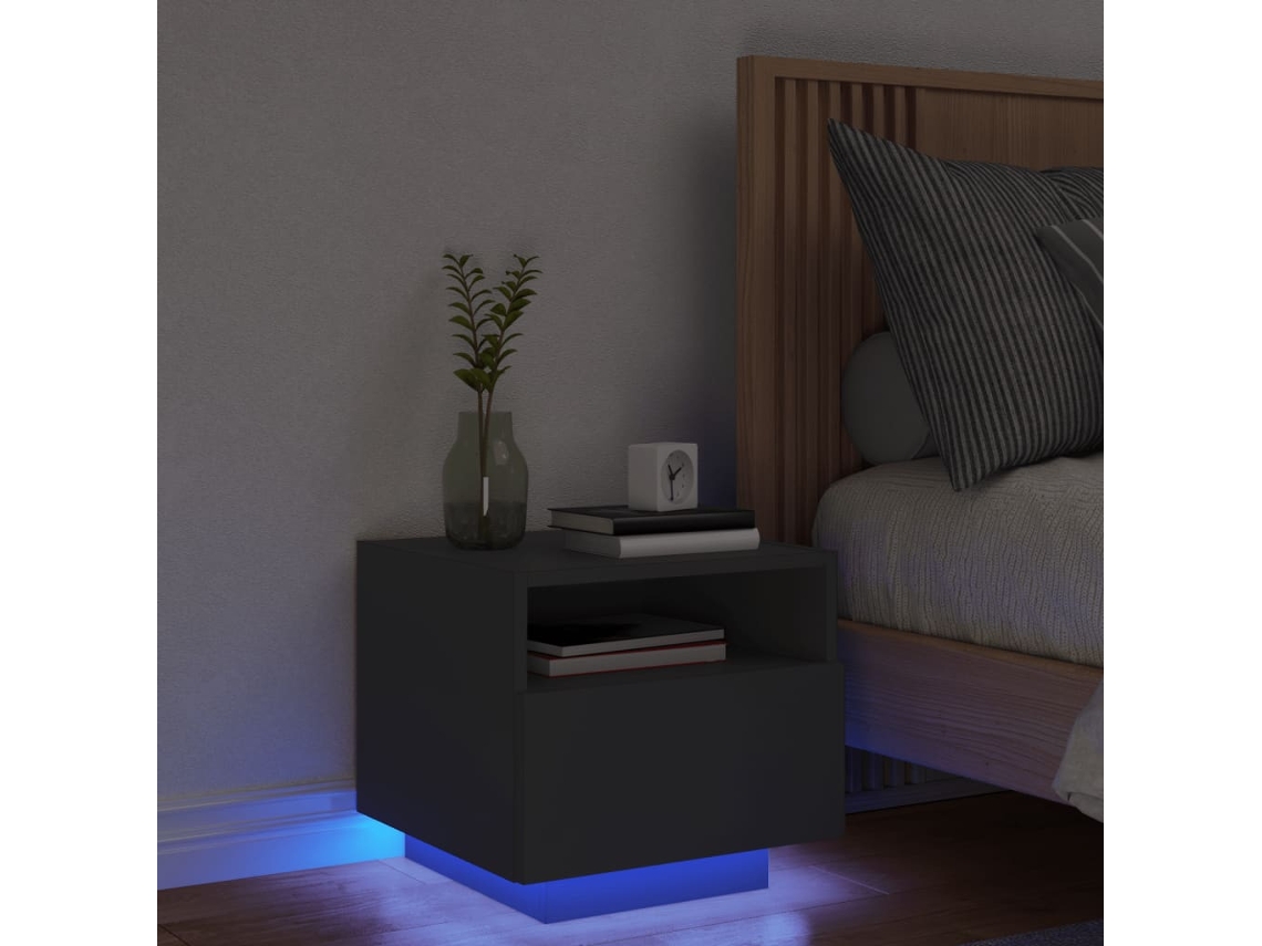 Mesita de Noche Luces Led Madera Negro (40x39x37cm)