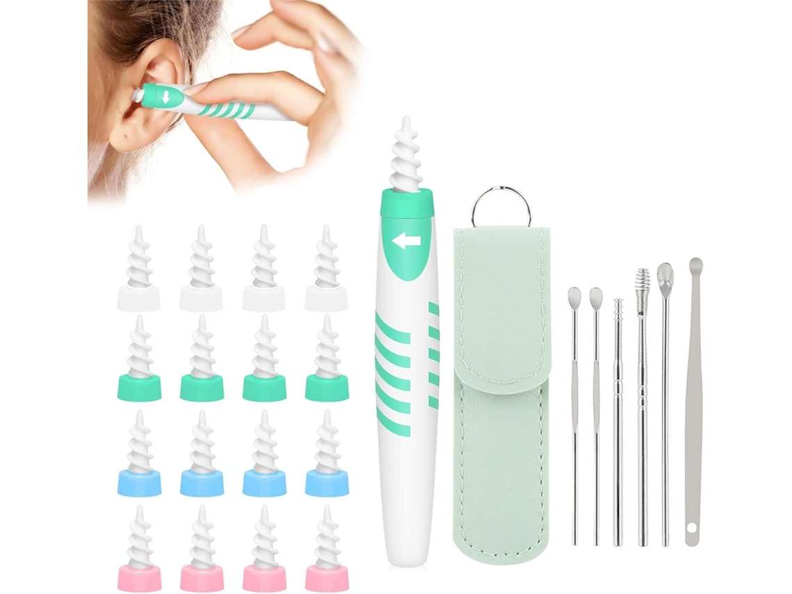 Kit De 16 Espirales Silicona Macio + 6 Cucharones Inox Con Bolsa Portátil Para Limpieza Del Ouvido