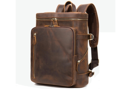 Mochila vintage de cuero genuino para hombres Mochila de viaje para computadora portátil Bolsa de trabajo Mochila informal-Café (Vertical)