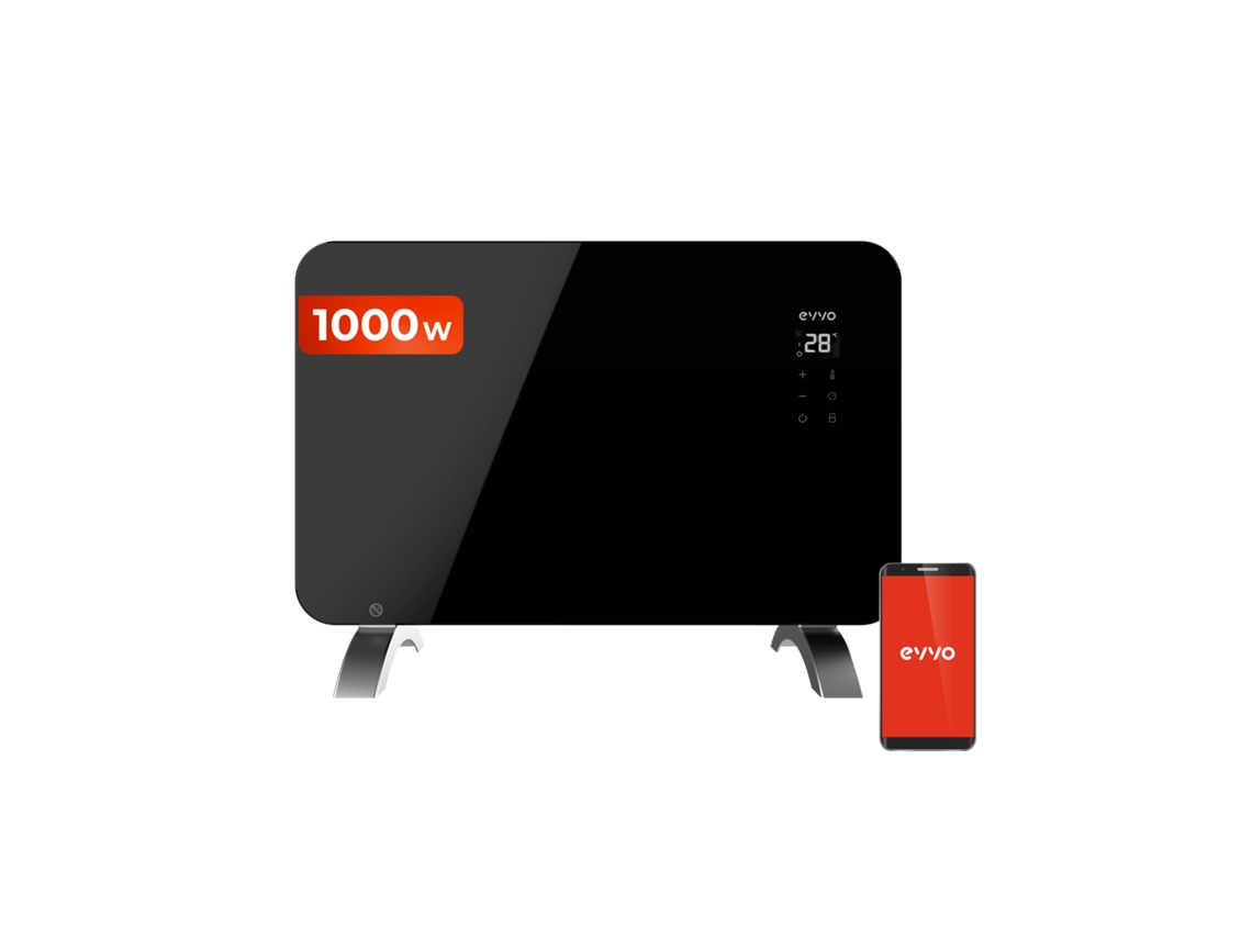 Radiador Eléctrico Evvo C1000 Cristal, Wifi, 1.000 W, Pantalla Táctil, Mando, Temporizador, Soporte De Pie, Silencioso