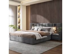 Cama Tapizada De 180x200 Con Elevador Hidráulico, Puerto Usb Y Puerto De Lectura, Terciopelo A Cuadros, Color Gris.