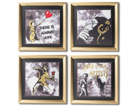 Cuadros Decoracion Salon Modernos BANKSY ARTE URBANO NEGRO ORO 30x30 cm x4 piezas - Set de Cuadros con Marco Dorado. DEKOARTE
