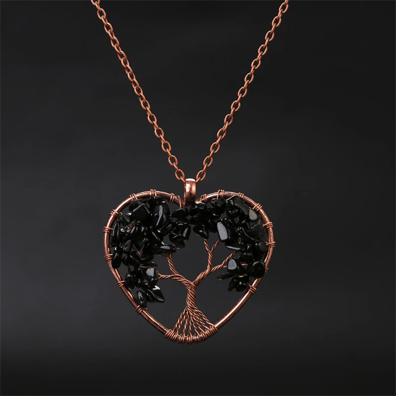 (cristal Negro) Collar Con Colgante En Forma De Corazón De Cristal Para La Sanación De Chakras, Collar Con Colgante Del Árbol De La Vida