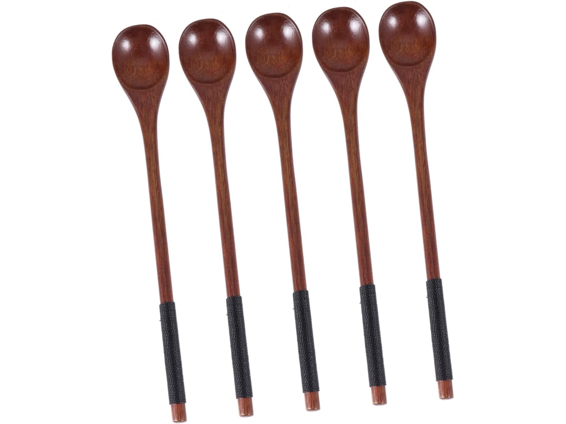 Juego De 5 Cucharas Largas De Mango Redondo Con Cuerda Trenzada Para Mezclar.